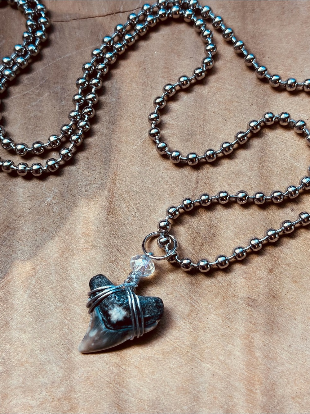 Authentic Bull Shark Tooth Necklace Hand Wire Wrapped Crystal Ball Chain Teeth